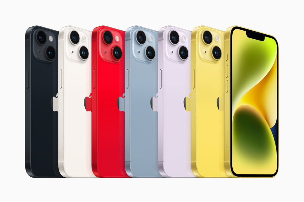 Tüm renk seçenekleriyle iPhone 14 serisi gösteriliyor.